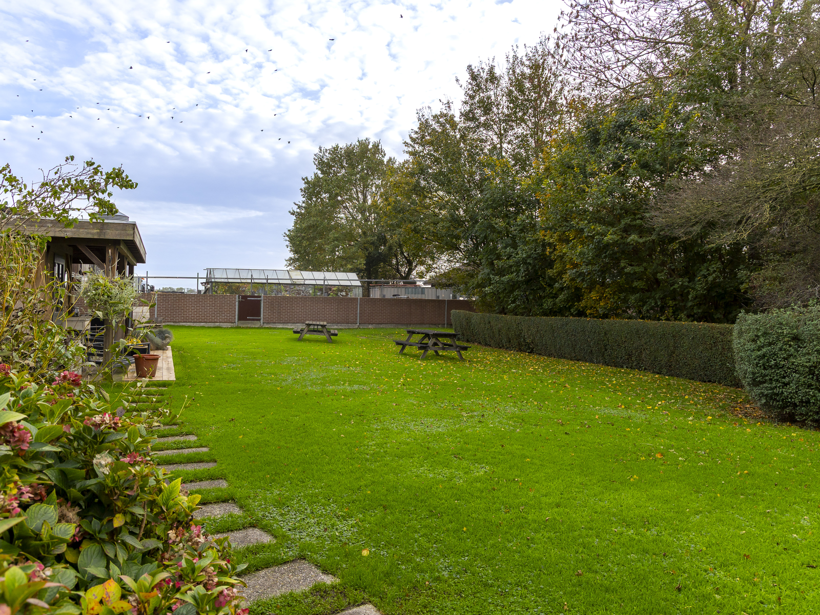 Ruime groene tuin met borders en hagen bij een landelijke woning